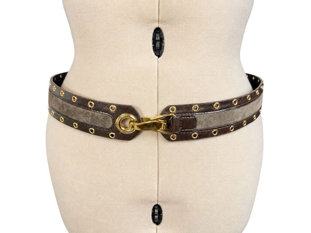 Vintage Brown Leather Grommet Waist Belt Gold Hook Buckle Studded One Size
